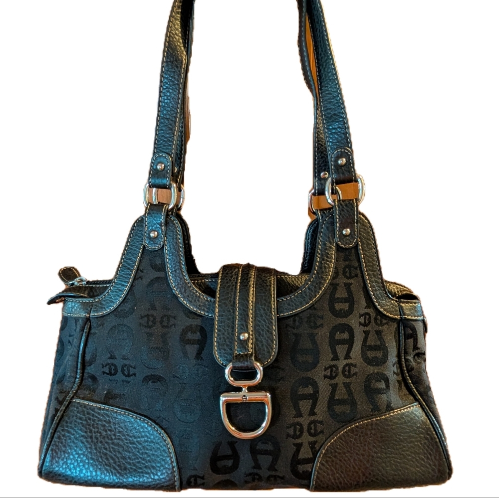 Etienne Aigner Black Monogram Print shoulder Bag with Leather Trim
